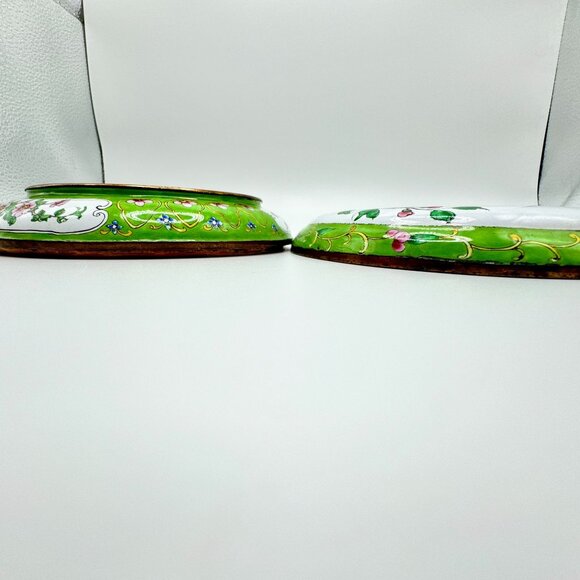 Vtg Hand-Painted Floral Enamel Trinket Box Birds & Blossoms 6" Diameter - Picture 11 of 16